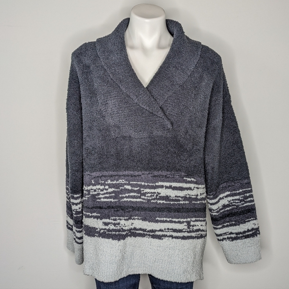 Barefoot Dreams Cozychic fuzzy grey v neck long sleeve pullover L